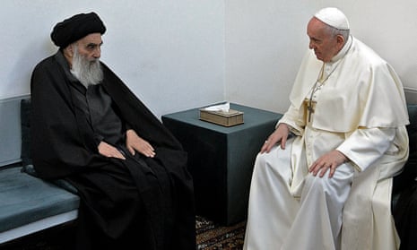 Pope Francis meeting Grand Ayatollah Ali al-Sistani at the latter’s house in Najaf, Iraq.