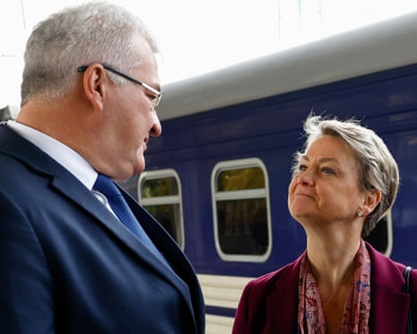 Yvette Cooper greets the Ukraine foreign minister, Andrii Sybiha.