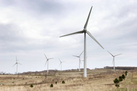 Wind turbines generate electricity on the Nunobiki highlands at Koriyama city in Fukushima prefecture, northern Japan