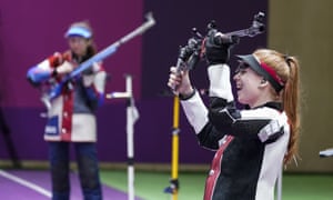 Nina Christen of Switzerland, reacts after the last shot in the women’s 50-meter 3 positions rifle at the Asaka Shooting Range in the Tokyo Olympic Games.