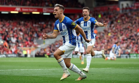 Leandro Trossard celebrates scoring Brighton’s third goal and completing his hat-trick against Liverpool
