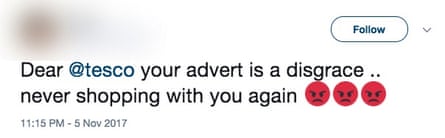 A tweet threatening to boycott Tesco over their Christmas advert