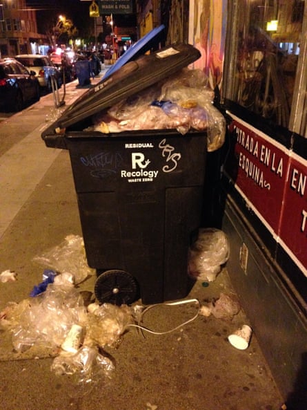 An overflowing bin of LDPE plastic bags in San Francisco.