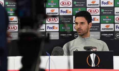 Mikel Arteta takes questions at his Europa League press conference.