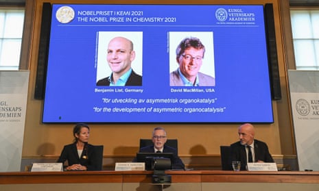 The winners of the 2021 Nobel prize in chemistry announced at the Royal Swedish Academy of Sciences in Stockholm: Germany's Benjamin List (left) and David MacMillan of the US