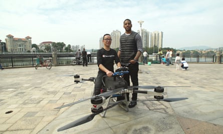 Ready for take-off: Reggie Yates in China with Zhao Deli, inventor of the ‘Magical Cloud’ flying motorbike.