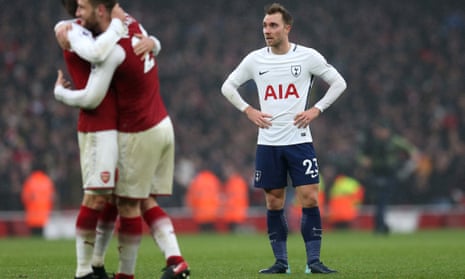 Christian Eriksen’s face shows the disappointment after Tottenham lost the north London derby 2-0 at Arsenal on Saturday. 