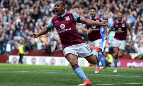 Gabriel Agbonlahor celebrates scoring what proved to be Aston Vills’s winner against Birmingham City in the Championship derby at Villa Park.