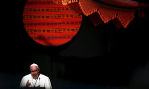 Pope Francis makes his speech in Santa Cruz, Bolivia, where he called for the poor to have the “sacred rights” of labor, lodging and land.