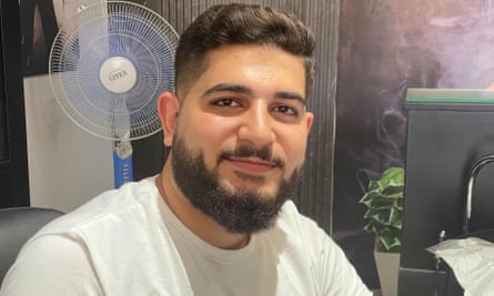 Karim Shehab in his Gaza vape shop.