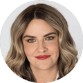 A woman wearing red lipstic