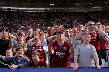 Home fans react to a missed chance during West Ham v Everton at the London Stadium on April 25 2026