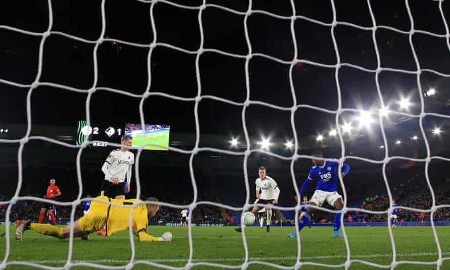 Patson Daka prepares to fire home Leicester’s third goal against Randers.