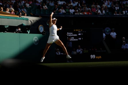 Emma Raducanu against Marketa Vondrousova on Centre Court at Wimbledon this year