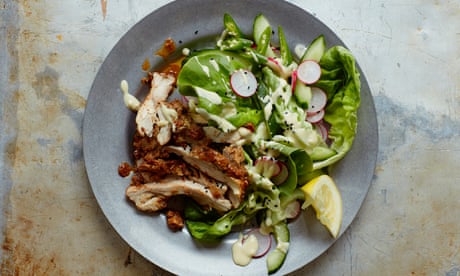 Chicken shawarma salad with tahini dressing recipe