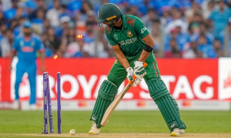 Clean bowled: Bangladesh's Mahmudullah Riyad is bowled out by India's Jasprit Bumrah.