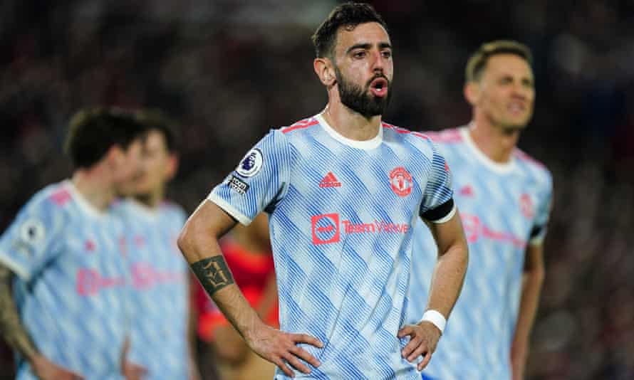 Bruno Fernandes puffs out his cheeks during Manchester United’s 4-0 defeat to Liverpool