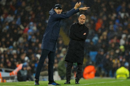 Bayern Munich’s Thomas Tuchel alongside Pep Guardiola during their Champions League game at Manchester City.