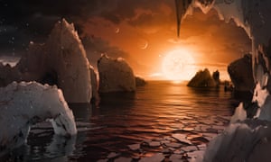 Any life that gained a foothold and the capacity to look up would have a remarkable view from a Trappist-1 world. From the fifth planet, considered the most habitable, the salmon-pink star would loom 10 times larger than the sun in our sky.