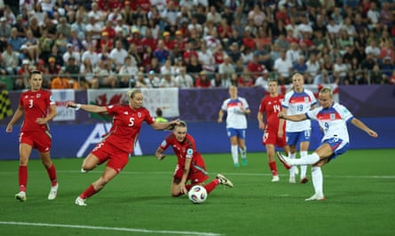 Beth Mead scores England’s fifth goal against Wales.