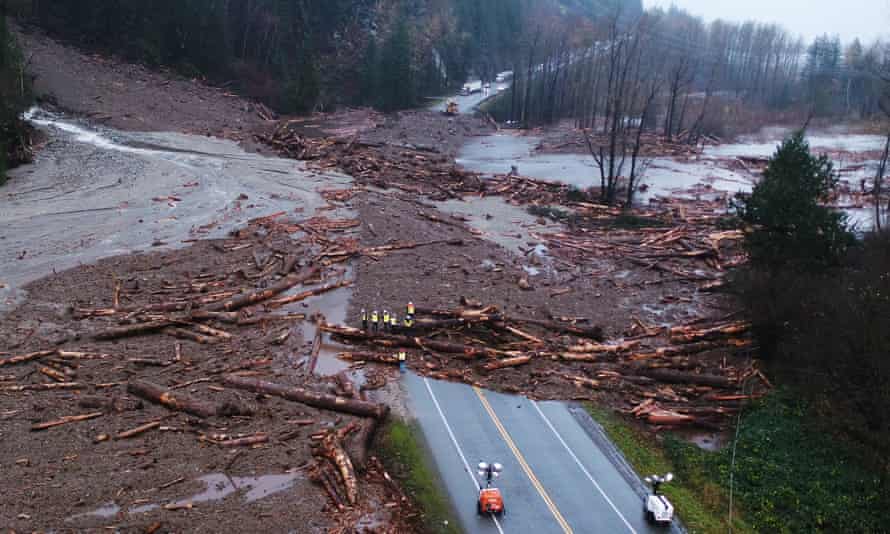 Flooding on BC Highway 7 is seen on 15 November in a handout photo made available by the Ministry of Transportation and Infrastructure.