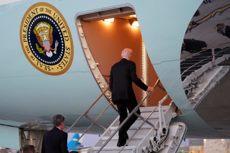 President Joe Biden and US secretary of state Antony Blinken board Air Force One after meeting Israeli Prime Minister Benjamin Netanyahu, Wednesday, Oct. 18, 2023, in Tel Aviv. Biden and Blinken are traveling back to Washington. (AP Photo/Evan Vucci)