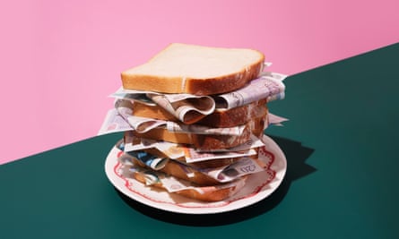 Photograph of money between slices of bread