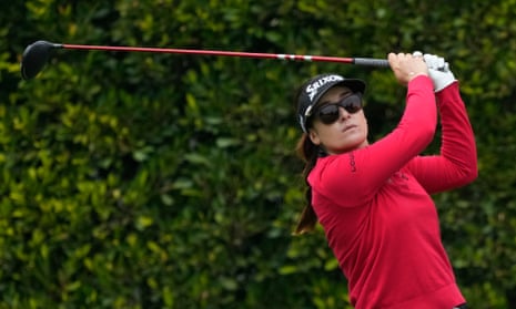 Hannah Green watches her shot from the second tee during the final round of the LPGA LA Championship golf tournament at Wilshire Country Club, Sunday, April 30, 2023, in Los Angeles. (AP Photo/Marcio Jose Sanchez)