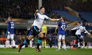 Héctor Yuste celebrates scoring an unlikely equaliser for Apollon Limassol at Goodison Park.