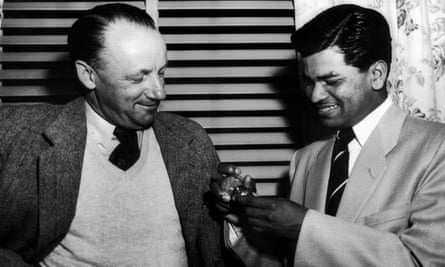 Sonny Ramadhin demonstrating some of the secrets of his trade to the great Australian batsman Donald Bradman in Brisbane.
