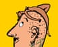 Illustration of a man's face in profile with lots of piercings on his ear and a small naked woman draped across his bald head.