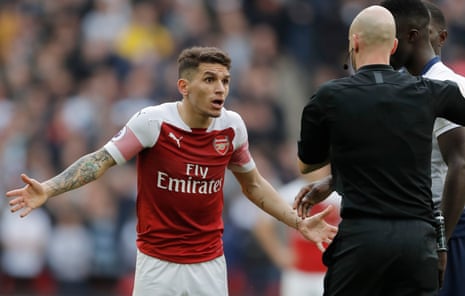 Lucas Torreira is sent off by referee Anthony Taylor after his tackle on Tottenham’s Danny Rose.
