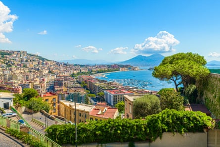 A view over Naples with trees in the foreground, terraces of houses and looking out to the bay, with Vesuvius in the background.