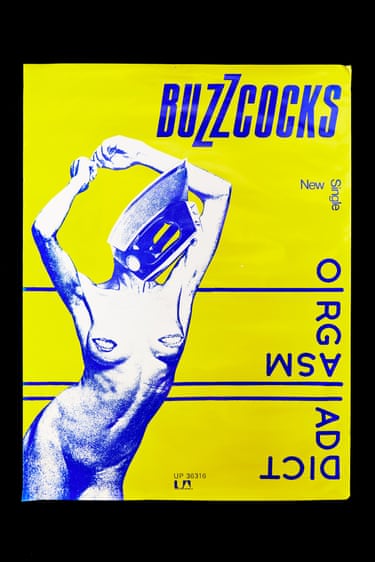 Buzzcocks, poster for Orgasm Addict, 1977Manchester’s beloved Buzzcocks produced urgent punk pop. The cover of their Orgasm Addict, designed by Malcolm Garrett using a photomontage by the artist Linder, was one of the most memorable images of the era, born of the meeting of a soft-porn magazine and an Argos catalogue. ‘I took the female form from both’, Linder said, ‘and made these peculiar jigsaws highlighting these various cultural monstrosities.’