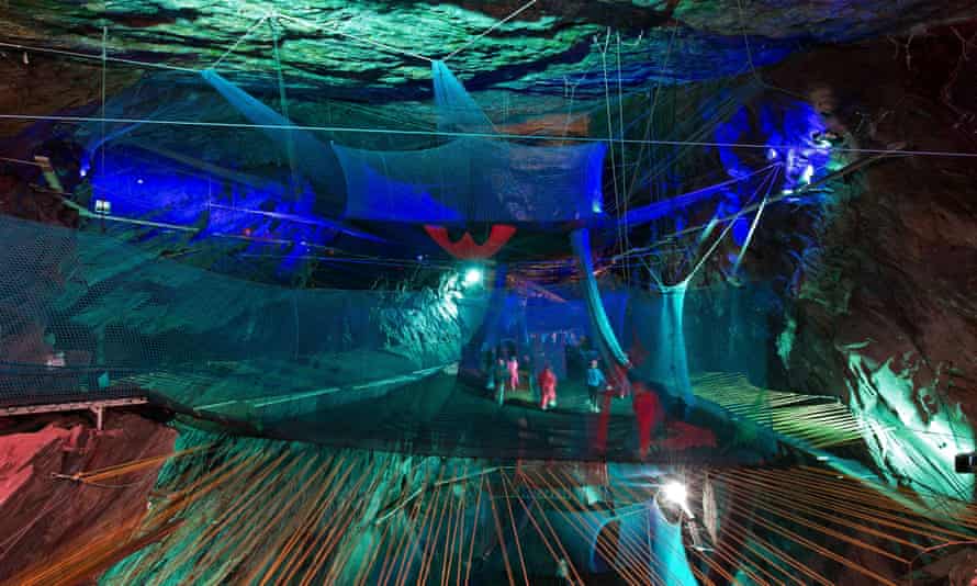 Bounce Below, a network of giant trampolines, walkways and slides suspended in the caverns of the 176-year old disused Llechwedd slate mine near Blaenau Ffestiniog.