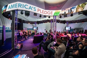 The ‘We Are Still In’ pavilion, where a delegation of US business, states and city government leaders presented the America’s Pledge stating their commitment to reduce greenhouse gas emissions despite Donald Trump’s threat to withdraw from the Paris agreement.