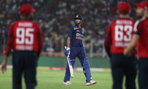 Iyer walks off after being dismissed for 67 by Jordan.