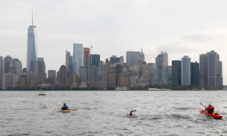 Martin Strel approaches the Freedom Tower in Downtown Manhattan as he swims from the Statue of Liberty to North Cove Marina on Thursday, Sept. 10, 2015, in New York, N.Y. On March 22nd, 2016, World Water Day, Strel will commence his “Strel World Swim” through 107 countries in approximately 450 days as a means of spreading clean water awareness. (Photo by Stuart Ramson/Invision for Martin Strel/AP Images)