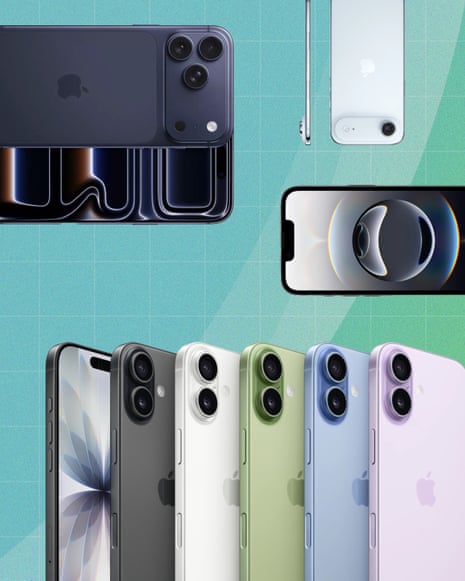 A composite of several different coloured iPhones on a green background