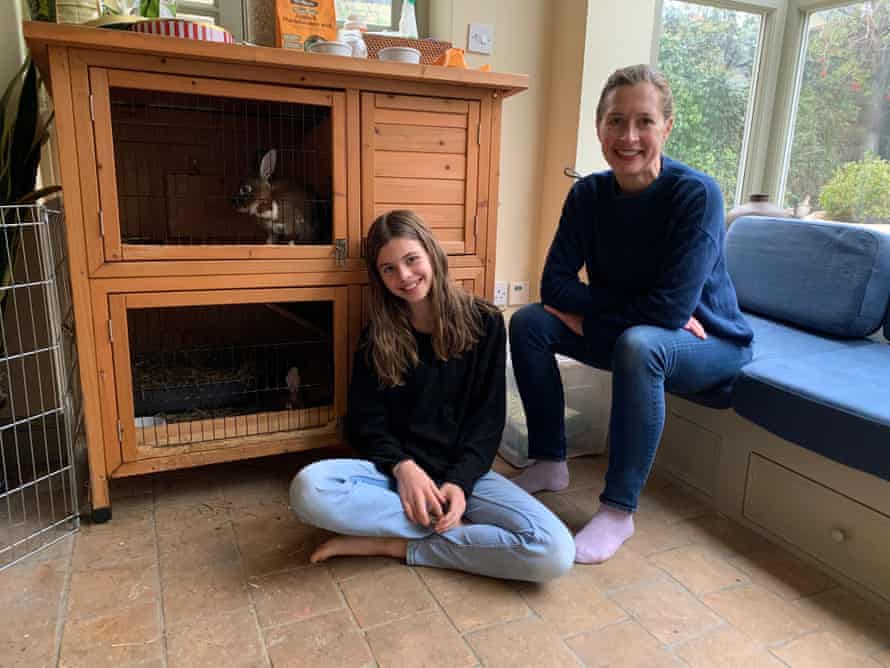 Sophie with her daughter Alice and their rabbits Lettuce and Radish