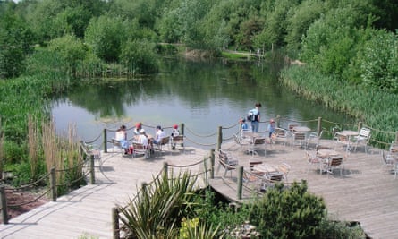 People sit at waterside tables overlooking a forest at Conkers Waterside, Derbyshire.