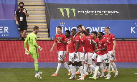 Manchester United players celebrate after Jesse Lingard’s goal sealed victory over Leicester.