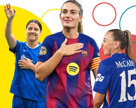 Footballers Sam Kerr, Alexia Putellas, and Katie McCabe smile and gesture in blue jerseys with colorful graphics behind