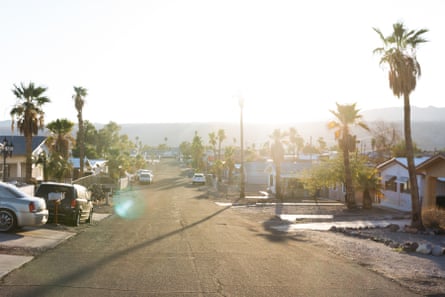 a view of houses and palm trees along a residential street