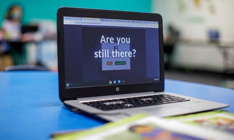 A computer screen in class asks 'Are you still here?'
