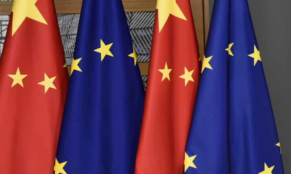 Chinese and EU flags in Brussels