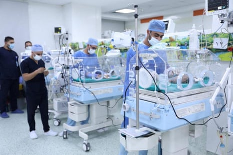 Medics treat premature Palestinian babies evacuated from Gaza at the New Administrative Capital (NAC) in the east of Cairo, Egypt.