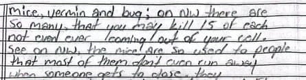 A handwritten letter describing prison conditions
