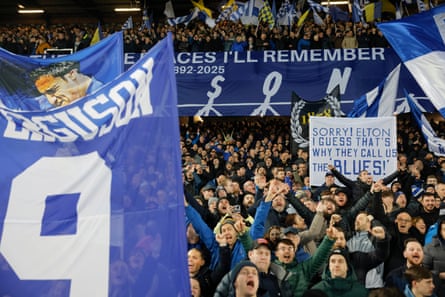 Home fans in the Gwladys Street End just before kick off during the Premier League match between Everton and Liverpool at Goodison Park on February 12th 2025.