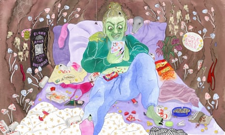 An illustration of a person with green, goblin-like features sitting up in a messy purple bed, surrounded by cans of Diet Coke, random articles of clothing and snacks, as they scroll on their phone.
